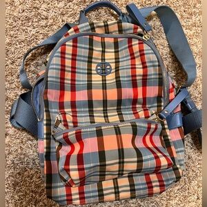 Tory Burch Plaid Backpack with Blue Accents